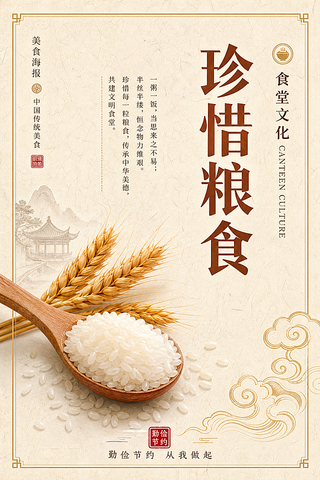 参考图的版式骨架与新中式国风风格，重新生成食堂文化海报。竖版构图，米白色宣纸质感底纹，细金色边框。左侧竖排小字"美食海报""中国传统美食"，右侧竖排"食堂文化"英文小字。中央偏右位置竖排大号主标题"珍惜粮食"，棕色粗体字。画面中下部偏左放置一个木勺，勺里盛满晶莹剔透的白米饭，米粒散落旁边，点缀金黄色麦穗。右下角有金色祥云纹样装饰。底部中央有红色印章样式装饰和"勤俭节约 从我做起"小字。整体色调暖棕米白，雅致简约，新中式风格，排版精美，2:3竖版比例。画面中所有信息区域必须填充完整合理的内容，不得出现空白框或占位。