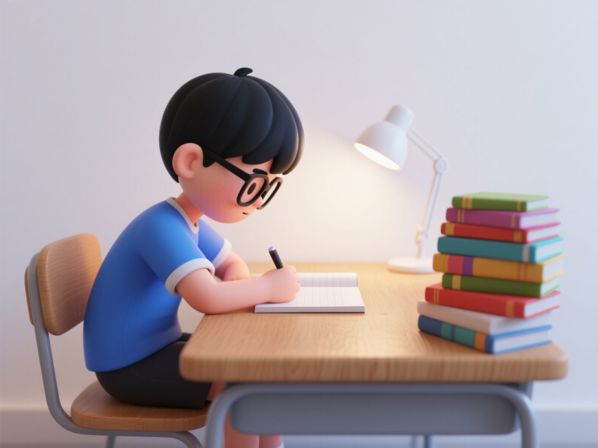 3D风格小男孩，小学生形象，戴黑色眼镜，黑色短发，穿着蓝色短袖，侧面视角。小男孩坐在木质写字台前写作业，身体弓着背，头部前倾靠近作业本，姿势不正确。书桌远端放置一盏白色台灯，灯光柔和照亮桌面，书桌近端预览效果