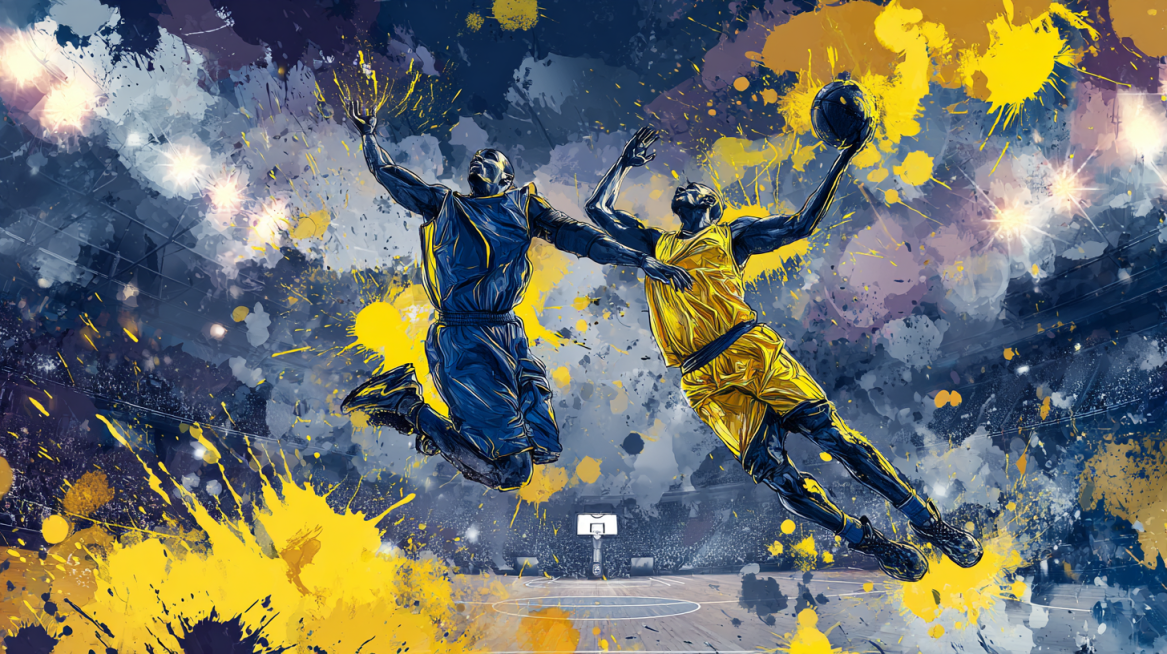 A wide horizontal basketball poster, dynamic action shot. Two powerful basketball players colliding预览效果