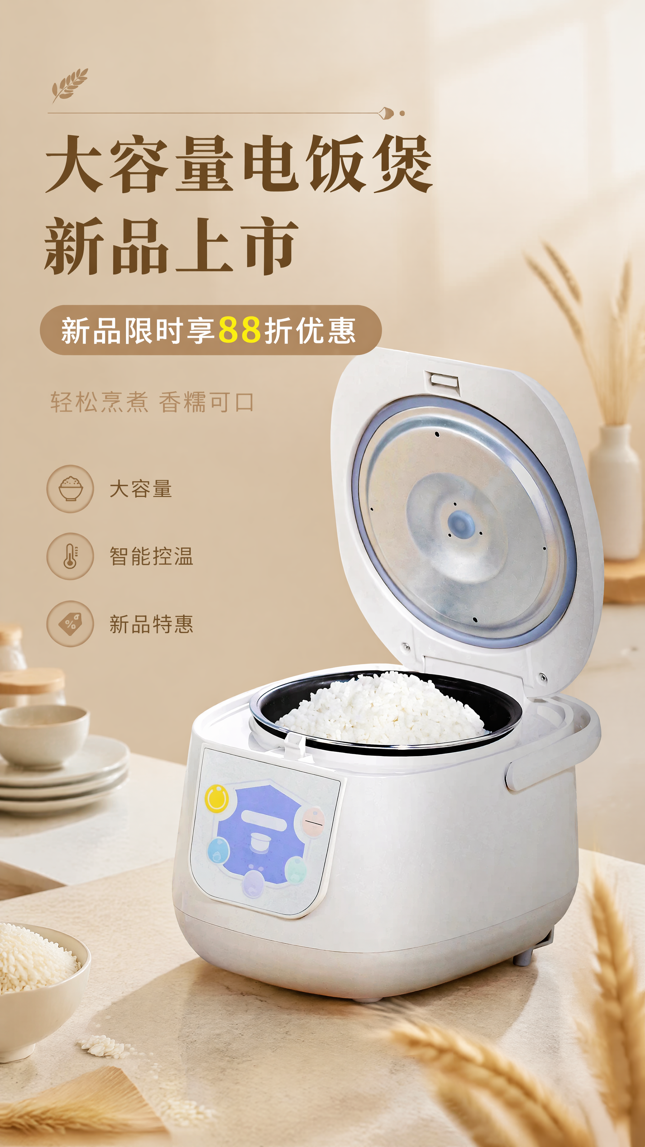 写实商业摄影风格的商品营销海报，设计一款大容量电饭煲新品上市促… - 图片创意预览