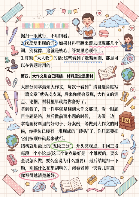 参考示例图的涂鸦风格，丰富增加涂鸦装饰元素，可以密集一些，保持画面整体不杂乱。保留所有文字内容和上岸村老师卡通形象不变，背景添加网格和手账装饰元素，重点关键词添加圈画下划线标注，参考涂鸦风格为：马卡龙预览效果