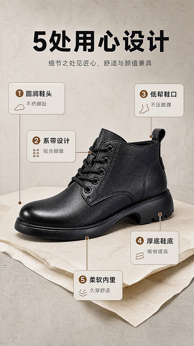 [商品] 使用【图1】黑色真皮厚底系带短靴；商品处理：保留圆头、4孔系带、低帮短靴鞋口、厚底松糕鞋底、后跟提拉环、黑色头层牛皮材质和整体鞋型；增强皮纹质感、缝线清晰度，不改变版型、颜色和结构。
[画面] 目标：鞋型解析页，多角度解读结构与穿搭利益。构图：中央放置靴子侧面全貌大图，周围用引线标注5处关键结构；产品占画面约60%。背景：暖灰色浅肌理，底部有浅米色纸张承托，形成三层视觉层次。
[视觉] 套系策略：风格=高级简约通勤商业摄影；标题字=现代无衬线粗体（思源黑体Heavy）；正文字=简洁无衬线体（思源黑体Regular）；主色=炭黑+暖灰；背景延展=基于暖灰色做深浅层级渐变、细腻水泥/纸张肌理质感；强调色=焦糖棕，仅用于小面积图标、引线和标签；标题色=炭黑色；正文色=中暖灰；组件=圆角浅灰信息卡、细棕线引线；光影=左前侧暖柔光，右侧轮廓光，地面自然投影。
[文字] 顶部主标题「5处用心设计」（6字）。引线标注5处：①圆润鞋头→不挤脚趾 ②系带设计→贴合脚面 ③低帮鞋口→不压脚踝 ④厚底鞋底→悄悄增高 ⑤柔软内里→久穿舒适。文字全部横排，引线从结构点引出到侧边信息卡，不遮挡靴子主体。
[规格] 图片比例9:16竖版，4K分辨率，京东平台适配，避免变形、错字、文字过小、冷蓝背景、鞋子颜色改变、版型失真、极限词。