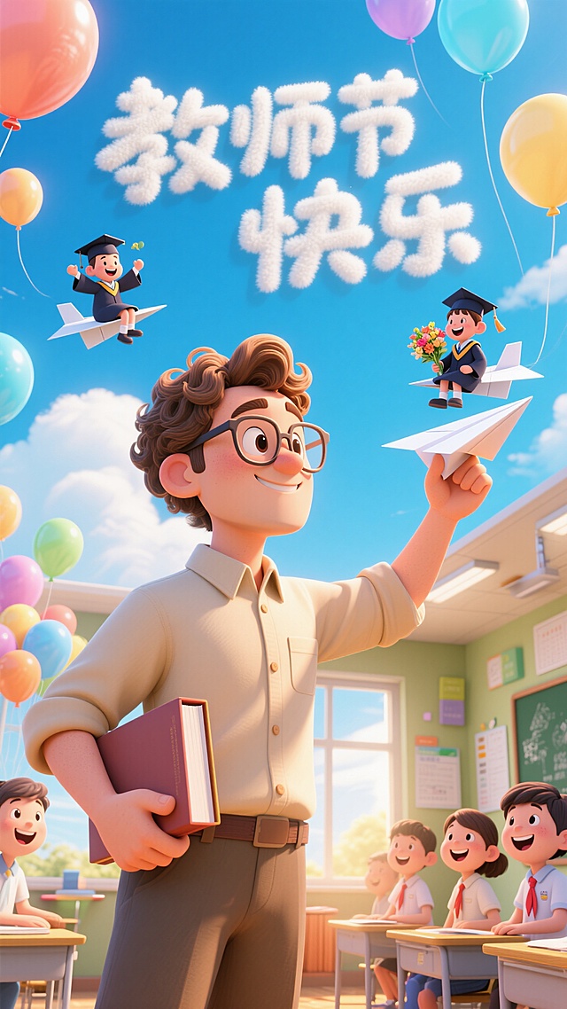 杰作，8K，CG画质，视觉冲击力强，创意教师节插画。
画面中央，一位微卷发、戴眼镜的男老师（米色衬衫）将画面分割。他面朝左侧梦幻天空，右手抱书，左手掷出纸飞机。每架纸飞机上都坐着一个穿学士服、捧花大笑的学生。天空有气球，白云组成“教师节快乐”。老师身后是右侧教室场景，温暖阳光洒满教室，学生们都回头面带憧憬笑容地看着老师。超清细节，梦幻交融。