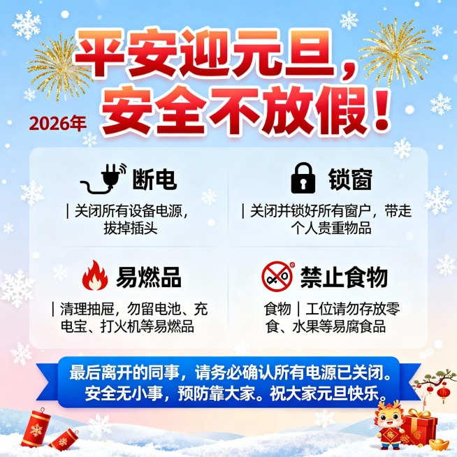 2026年
🎉 平安迎元旦，安全不放假！🎉
各位领导同事，请在12月31日下班前，完成以下安全检查：
🔌 断电 | 关闭所有设备电源，拔掉插头
🔒 锁窗 | 关闭并锁好所有窗户，带走个人贵重物预览效果