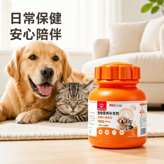 「图片1」，生成电商主图（8张），商品名称是蓝莓叶黄素片，卖点蓝莓双重护眼底 辅助全身养护 温和低刺激，幼宠、孕宠、老年犬猫均可长期日常保健，风格是简洁高端大方纯白色场景搭配真实猫咪狗狗，适配拼多多平预览效果