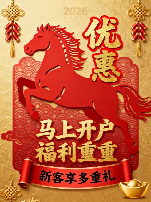 竖版国潮剪纸风2026马年新春营销海报，主色调大红色和金色。画面中央是红色剪纸风格的奔腾骏马，鬃毛和尾巴用镂空线条表现；背景是红色祥云纹；马的右上方即马背上用带红色描边的金色遒劲书法字体写着“优惠”，预览效果