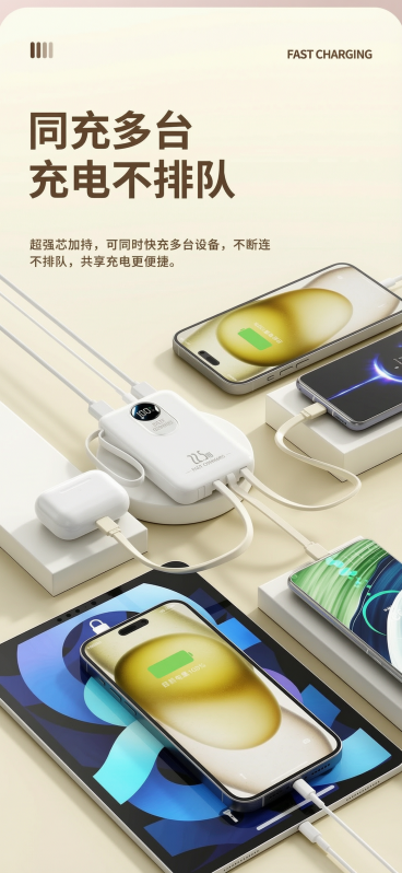 仅将移动电源奶黄色的机身部分改成纯白色，其余内容、文字和背景都保持原样不变预览效果