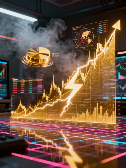 A 6:19 aspect ratio video featuring a dynamic financial control room where a golden lightning bolt s预览效果
