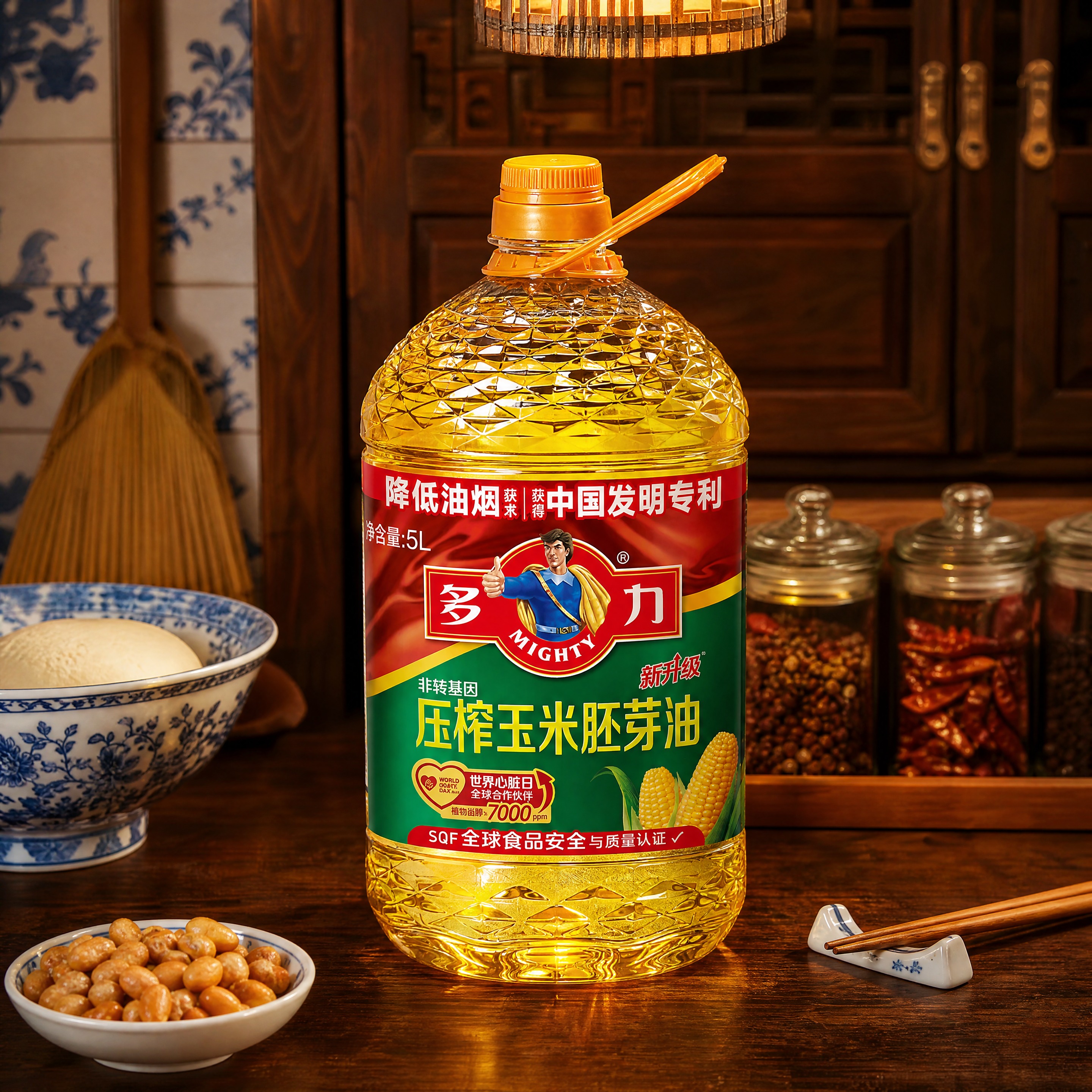 超写实食品商业摄影。 主体：5L装玉米油桶严格参照上传产品图，… - 图片创意预览
