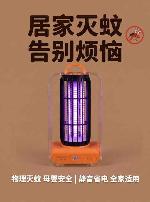 微信视频号直播封面1080×1440竖版，沿用暖棕色纯色背景，画面居中放置这张灭蚊灯原图，保持灭蚊灯高亮紫色灯管，画面上方放大字号放置深棕色加粗黑体主标题"居家灭蚊 告别烦恼"，字号醒目适合中老年看清预览效果