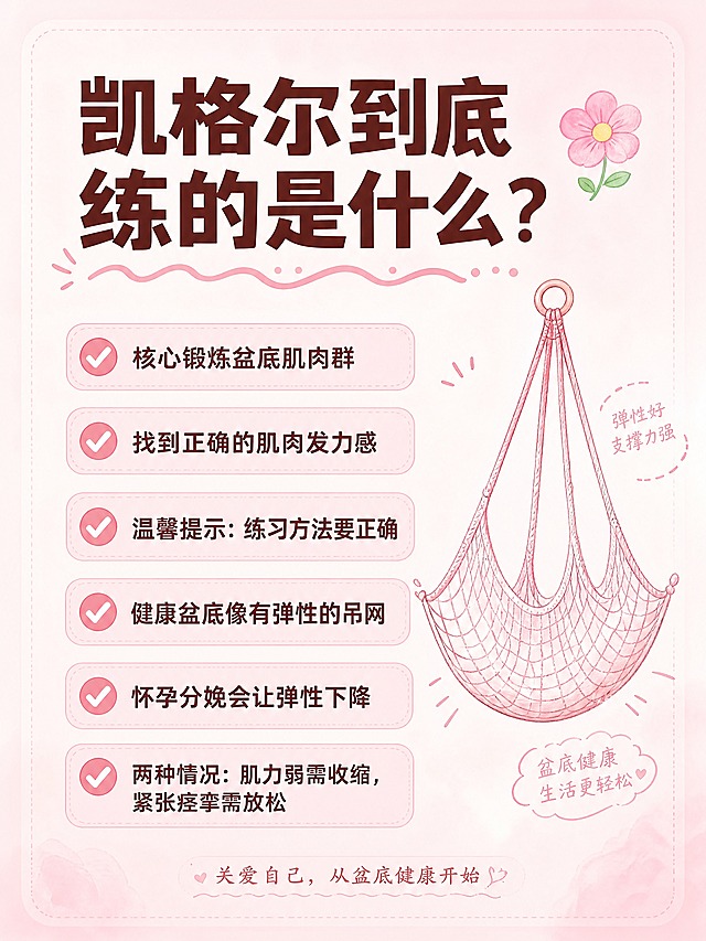 小红书详情图，粉色系ins清新风格，版式精美，小红书笔记内页质感。主题：产后恢复小知识。主标题：「凯格尔到底练的是什么？」，深棕红色扁平粗黑体，位于画面上方。正文内容分点排版，文字清晰可读：「核心锻炼盆底肌肉群」「找到正确的肌肉发力感」「温馨提示：练习方法要正确」「健康盆底像有弹性的吊网」「怀孕分娩会让弹性下降」「两种情况：肌力弱需收缩，紧张痉挛需放松」。配图元素：简约手绘风格的吊网示意图，粉色线条，柔和可爱。背景：浅粉色渐变弥散背景，温柔治愈。装饰：粉色圆角文本框、小花朵emoji1个、手绘波浪线点缀。整体氛围：科普温柔、女性关怀。画质：高清细腻，信息层级清晰，文字完整处于安全区内不可裁切，四周留安全边距。画面比例3:4，4K。