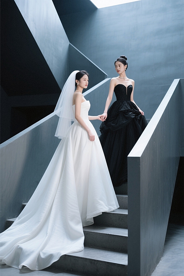 背景是现代感楼梯，右边女生盘发，穿着华丽黑色婚纱站在高处牵着左边女生的手，左边女生穿着白色长拖地婚纱，带着白色头纱，裙摆很大，高清半身照