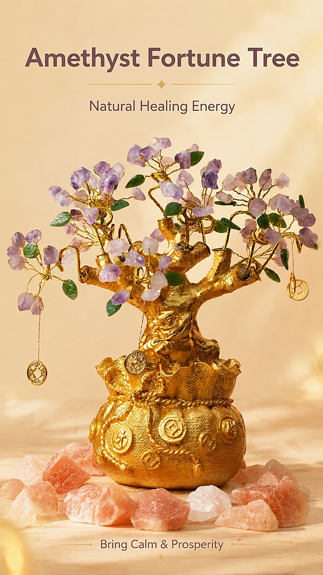 [第1屏] 详情页头图，Amethyst Crystal Fortune Tree - Healing Energy Decor 宣传图。本屏使用【图1】作为商品主体。
[氛围/风格] 简约治愈的高级氛围感，低饱和暖调背景，真实商业摄影质感，呈现天然水晶的温润通透。
[元素布局] 水晶发财树放置在画面中心偏上位置，占比约65%-70%；保留产品原有金色福袋底座、紫水晶枝叶、粉色原石装饰的完整结构与颜色，在底部搭配少许浅木纹桌面，背景做柔和渐变处理；前景点缀柔化光晕，层次丰富。
[光影质感] 正面柔和侧光照明，突出紫水晶通透质感和金属底座的光泽，底部自然投影，明暗层次清晰，整体画面通透干净。
[配色色系] 全局底色 #f7eedd；主色紫水晶淡紫+金属金色；辅助色淡粉原石、浅暖背景。
[视角构图] 正面45°斜视角，产品为绝对视觉中心，阅读动线从上到下自然流畅。
[文字版式] 版式为顶部标题 + 中心产品 + 底部标语。主标题「Amethyst Fortune Tree」，副标题「Natural Healing Energy」，简约无衬线字体居中排布；底部英文小字「Bring Calm & Prosperity」，文字不遮挡主体产品，清晰易读。
[比例分辨率] 9:16 竖版比例，4K分辨率，文字清晰可辨，高清画质。
[负向提示词] 产品变形，颜色偏差，缺件错件，文字错乱，水印，背景杂乱，中文文字。
