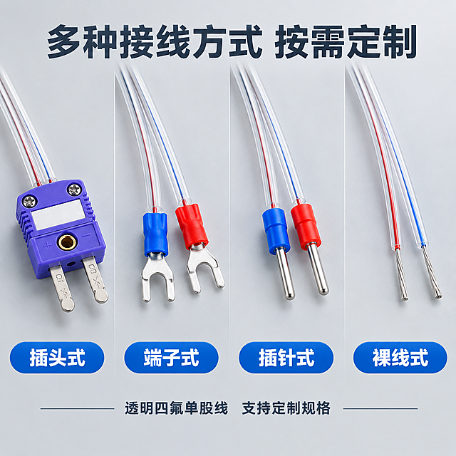 热电偶测温线四种接线方式展示图，线材改为透明四氟（铁氟龙）单股线，从左到右依次展示：插头式、端子式、插针式、裸线式。
[风格] 国内电商五金配件专业品质风格，浅灰工业极简背景，产品精修三维质感，整体干净规整。
[画面] 画面横向排列四种接线端方式，每种占四分之一宽度，下方标注名称。线材全部为透明四氟（铁氟龙）单股线，透明外皮可看到内部单股金属线芯，线体光滑有光泽，体现透明铁氟龙材质质感。
1. 插头式：左侧展示紫色标准热电偶插头接线方式，插头外观参考图中紫色插头样式（带+/-标识、两颗螺丝、空白标签位、金属插脚），透明四氟单股线从插头尾部引出。
2. 端子式：第二种展示叉形/Y型端子接线方式，红蓝两色透明四氟单股线端部分别压接蓝色和红色叉形冷压端子，端子为U型叉口金属端子，参考图中端子样式。
3. 插针式：第三种展示插针/针式端子接线方式，红蓝两色透明四氟单股线端部分别压接蓝色和红色管状插针端子，金属针状端头清晰，参考图中插针样式。
4. 裸线式：第四种展示裸线剥线接线方式，透明四氟外皮剥开露出红蓝两色内芯，内芯端部裸露单股金属线芯。
四种方式的线材均为透明四氟单股线，从画面上方延伸出来，接线端朝向观众清晰展示。背景为浅灰色渐变工业台面，有轻微接触阴影。
[光影质感] 商业摄影精修质感，柔和顶光+侧光，金属部分反光干净，透明四氟线体现光滑通透质感，能隐约看到内部线芯，塑料/胶件质感真实，阴影柔和自然。
[配色] 背景浅灰渐变，文字深灰/白色，标签用科技蓝，工业专业感。
[文字版式] 顶部大标题：多种接线方式 按需定制。每种接线方式下方对应标注名称：插头式、端子式、插针式、裸线式。底部小字说明：透明四氟单股线 支持定制规格。字体统一无衬线粗体，标题最大，说明文字缩小。
[输出要求] 1:1正方形，产品清晰不变形，接线端细节清晰可见，透明线材质感真实，文字清晰可读，无水印无平台logo，禁止变形、错字、模糊。