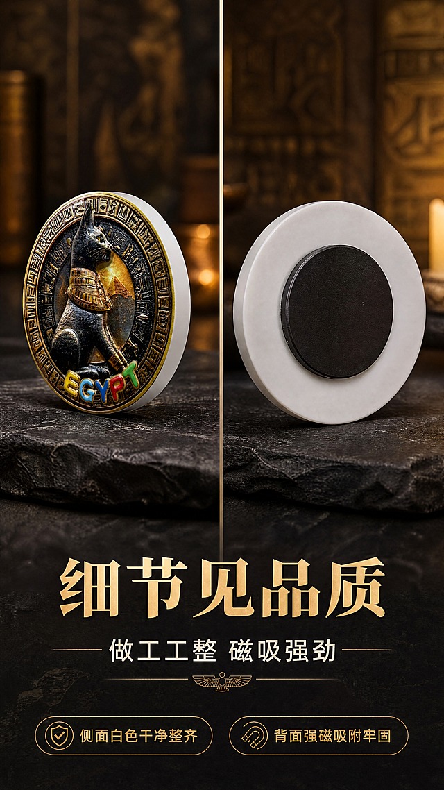[商品] 使用【图1】古埃及猫神贝斯特立体浮雕圆形冰箱贴；展示侧面白色边缘与背面磁吸结构，正面保留黑金配色与全部图案细节，颜色不改变；侧面为干净白色，做工整齐。
[画面] 页面目标：侧面与背面展示，体现产品做工细节与磁吸功能。构图：左右分栏，左侧侧立角度展示白色侧面，右侧背面磁吸展示，中间偏下放文案。景别：中景特写。前中后景：前景产品侧立与背面两个角度，中景深色石质台面，背景暖光虚化。阅读动线：左右产品对比，下方文案总结。
[视觉] 套系策略：风格=古埃及神秘复古高级商业摄影；标题字=衬线粗体，古典厚重；正文字=现代简洁无衬线体；主色=金棕+炭黑；背景延展=基于金棕黑做深浅层级、暗调渐变和石质纹理；强调色=古金色，仅用于小面积图标、引线和标签；标题色=古金色；正文色=暖米白；组件=细线引线标注、圆角信息卡；光影=侧光突出侧面厚度与白色边缘质感，背面磁吸清晰可见。
[文字] 下方居中主标题「细节见品质」，副标题「做工工整 磁吸强劲」，配2个标注：侧面白色干净整齐 | 背面强磁吸附牢固。文字全部横排，不遮挡产品。
[规格] 图片比例9:16竖版，4K分辨率，负向提示：避免变形、颜色改变、侧面颜色不是白色、磁吸不清晰、商品本体文字错乱。