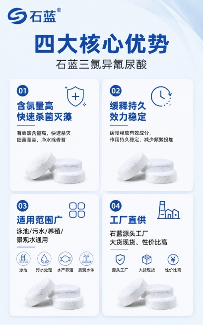 [第4屏] 四大核心优势页，展示石蓝三氯异氰尿酸四大核心优势。蓝白简约工业卡片排版，四宫格布局。每个宫格展示一个核心优势，分别是：含氯量高 快速杀菌灭藻、净水除青苔；缓释持久 效力稳定、减少频繁投加；预览效果