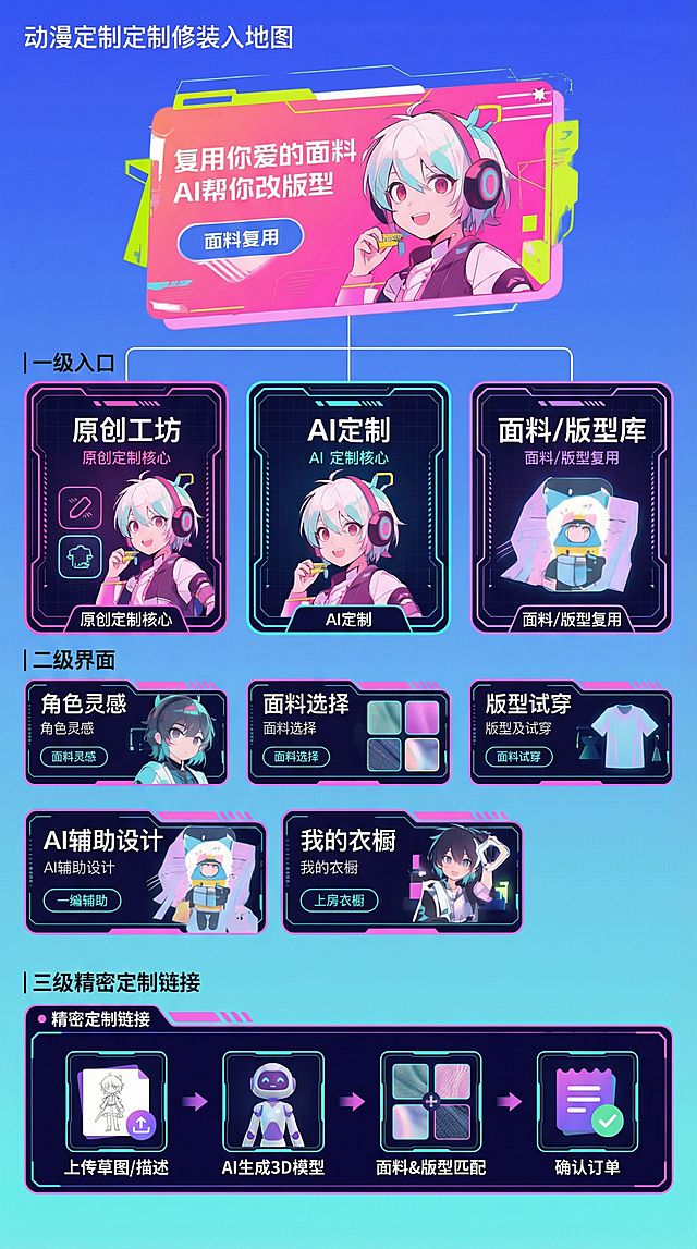 请根据这个风格，生成对应的页面：帮我生成图片：二次元×定制化COS服 UI界面层级设计（一级/二级/三级） 核心设计逻辑：以原创定制为核心、AI为辅助工具、面料/版型复用为亮点，兼顾操作流畅度与COS文化价值传递，所有层级均围绕“尊重原创、精准定制、提升品质”展开，适配移动端/平板端（毕业设计优先做移动端适配）。 一级界面（3个，APP核心主入口） 1. 首页（核心定制入口）：打开APP的首界面，承载核心功能引导与文化价值传递，是流量中枢 2. 原创工坊：聚焦COS服原创设计、设计师作品展示、原创版权登记，强化“尊重原创”核心 3. 个人中心：承载定制订单、版型/面料收藏、个人COS档案、售后等个人相关功能 二级界面（对应一级界面拆分，无冗余入口） 一、 首页 二级界面（5个） 1. 精准定制（核心功能）：面料复用定制、版型复用定制、自由组合定制三大核心定制路径 2. 精选成品馆：高品质原创COS服成品展示（对标优质面料/版型，做定制参考） 3. 原创灵感库：二次元IP授权设计、同人原创设计案例、热门COS主题合集 4. 品质科普站：COS服面料知识、版型挑选技巧、原创版权科普（传递文化社会价值） 5. 设计师推荐：优质原创设计师入驻展示，可直接对接定制需求 二、 原创工坊 二级界面（4个） 1. 我的原创设计：用户自身原创COS服手稿上传、AI辅助优化、版权登记 2. 设计师作品榜：原创COS服设计作品排行（按人气/原创度排序），支持预约定制 3. 原创版权服务：版权登记流程、已登记作品查询、原创维权指引 4. 手稿交流圈：用户原创手稿分享、点评、灵感碰撞，禁止抄袭搬运 三、 个人中心 二级界面（5个） 1. 我的定制订单：待付款、制作中、待收货、已完成订单全流程跟踪 2. 我的收藏夹：收藏的优质面料、心仪版型、原创设计作品、设计师 3. 我的COS档案：个人COS作品上传、定制记录合集、尺码档案（一次录入终身复用） 4. 售后与反馈：定制售后申请、面料/版型满意度反馈、问题答疑 5. 设置：账号安全、消息通知、定制偏好设置（如面料材质偏好、版型风格偏好） 三级界面（对应二级界面落地，聚焦具体操作，贴合“面料/版型复用”核心需求） 一、 首页-精准定制 三级界面（核心定制链路，分3条核心路径） 路径1：面料复用定制 三级界面（4个，核心解决“复用心仪衣服面料”需求