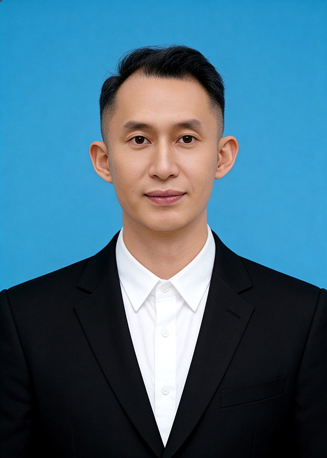 保留第一张图中人物发型､脸型､年龄特征生成标准样式纯正面证件照;人物主体严格居中,头部大小与位置严格对齐第二张图,双肩水平平衡,面部中轴线对齐画面中心,正视前方;标准证件照构图,人物绝对居中;头顶上方距离上边缘高度10%,下巴距离画面下边缘高度30%,人物主体占比约68%;肩部平展与画面水平轴平行;头部占比严格对齐第二张图;提亮肤色,消除暗沉,清透裸妆,隐形毛孔,均匀肤色,唇色自然提亮;肤色白皙细腻,肤质呈现匀净哑光质感(自然白皙);轻透裸妆+重点提亮;唇色润泽(半哑光质地);眼神澄澈,看向镜头,气质自信,嘴角微微上扬表情自然;耳廓可见度一致;肩部平展,肩线与画面水平轴平行;头肩比例协调呈现;免冠,不戴帽子,无头饰,无发带,不戴眼镜,无胡子,面部无痣,消除面部瑕疵,柔和正面顺光均匀柔光,面部明亮无硬影,背景均匀提亮,画质清晰,零噪点降噪;面部清晰;背景亮度均匀统一;高清锐利画质,细节清晰可见;零噪点处理;色彩还原自然,均匀柔和布光,无明显阴影,面部光影干净,柔光正面打光,自然光影过渡,皮肤质感细腻,哑光质感,标准焦段50mm,纯正面,入境范围头部至胸部以上区域,F/4光圈(兼容F/2.8-F/4区间),平视视角(镜头与人物视线完全齐平),正视视图;人物绝对居中(居中构图),位于画面中心;严格限定标准证件照规格;视线水平(瞳孔连线与画面水平线平行);双耳对称露出,双肩水平且平衡,头部占比严格对齐垫图,禁止大头照(画面铺满画布,无边框留白);专业证件照质感,高清人像质感,细腻皮肤纹理,严格按照第一张图内容生成,分辨率4K,穿着外穿单粒扣高级黑色V领西装外套,内搭白色翻领衬衫扣紧,款式简约干练,极简纯色净蓝色背景(标准蓝#438EDB),背景无任何杂物纹理渐变,背景亮度均匀统一(无明暗差异),禁止裁切头顶,禁止额头被截,禁止超大头,禁止主体溢出画面,禁止偏头/倾斜,头顶上边距8-10%, 头部高度60-68%, 双眼高度56-58%, 严格对齐第二张垫图,画面比例5:7