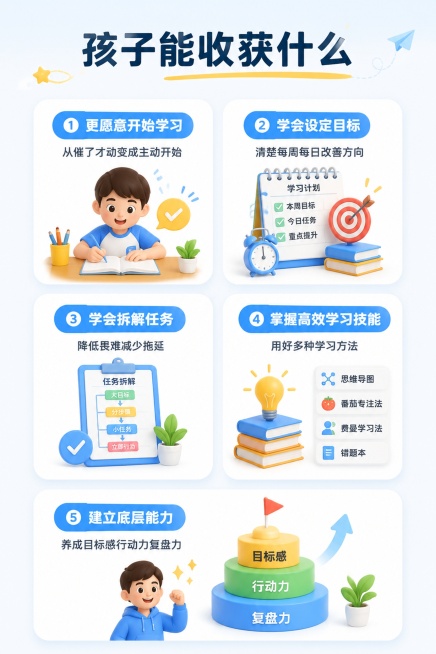 [第7屏] 孩子收获页，展示孩子能养成的自主学习底层能力。
[氛围/风格] 阳光积极清单风，清晰明亮，给人成长希望感。
[元素布局] 顶部主标题，下方分五个卡片排列孩子的五大能力收获，每个卡片一个核心预览效果