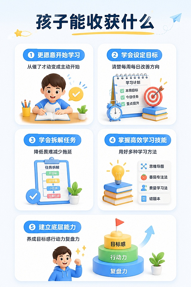[第7屏] 孩子收获页，展示孩子能养成的自主学习底层能力。
[氛围/风格] 阳光积极清单风，清晰明亮，给人成长希望感。
[元素布局] 顶部主标题，下方分五个卡片排列孩子的五大能力收获，每个卡片一个核心能力，配图简化学习场景小图标，排版宽松不拥挤。
[光影质感] 卡片柔和阴影，整体光线均匀明亮，积极通透感。
[配色色系] 全局底色 #F5F8FF，主色浅青蓝色，卡片标题用蓝底白字，正文深灰色，保持整体风格统一。
[视角构图] 纵向双排卡片布局，阅读流畅，每行两卡片，信息分布均衡。
[文字版式] 顶部主标题「孩子能收获什么」，五个能力卡片：① 更愿意开始学习 从催了才动变成主动开始；② 学会设定目标，清楚每周每日改善方向；③ 学会拆解任务，降低畏难减少拖延；④ 掌握高效学习技能，用好多种学习方法；⑤ 建立底层能力，养成目标感行动力复盘力。每个卡片核心能力加粗，文字清晰可读。
[比例分辨率] 宽度1080px，高度1620px，2:3 竖版比例，4K分辨率，文字清晰可辨，高清画质。
[负向提示词] 变形，水印，文字错乱，文字过小，颜色偏差，背景杂乱，极限词。