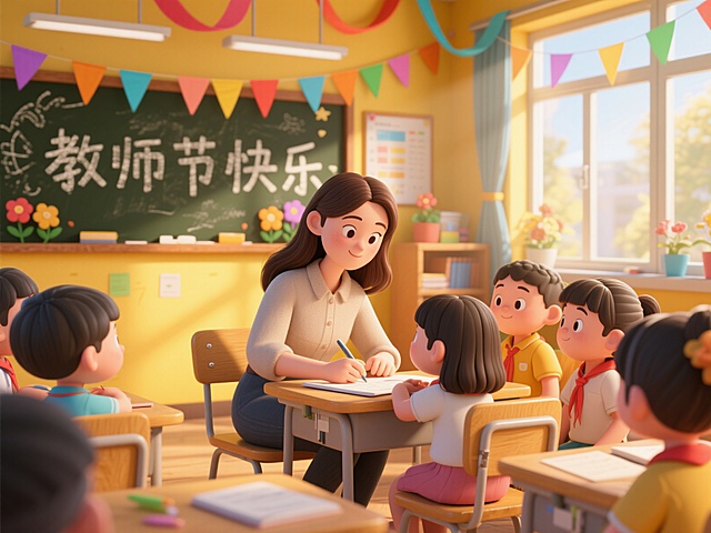 以小学教室为背景，整体是暖黄色氛围，彩带和鲜花，有阳光穿过玻璃窗照射，黑板上写了教师节快乐，一位长发女老师在座位上辅导小女孩作业，旁边围了一圈学生，3D卡通