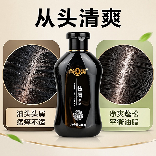 「图片1」，生成电商主图（5张），商品名称是尚康源草祛屑净爽洗发液，卖点是止痒去屑，清洁头皮，平衡油脂。突出产品。小清新，适配抖音平台，主图比例为1:1