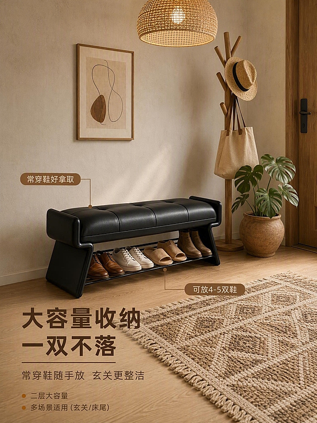 电商主图4-45°斜侧视角（卖点：大容量收纳+多场景适用），淘宝/天猫平台，3:4竖版比例。

[统一基调] 侘寂风入户玄关场景，米白色微水泥墙面+原木色实木地板+藤编吊灯+原木挂衣架+粗陶花盆龟背竹+复古编织地毯+原木色入户门+原木画框抽象画。低饱和暖光，氛围感强，商业摄影质感。

[画面] 换鞋凳严格参照上传产品图，完整保留所有可见组件、部件、轮廓、结构、比例、材质、颜色，与上传图完全一致。产品为黑色皮革软包坐垫（方格拉扣设计，饱满蓬松，四个拉扣点）+黑色异形框架（两侧Z字形支撑腿，底部多根黑色金属横杆/鞋架层）。产品占画面45%，45°斜侧视角（右前斜侧），完整不裁切，靠墙角放置在侘寂风入户玄关场景中，展示立体感与大容量收纳。

二层金属杆上整齐摆放4-5双鞋子：皮鞋、运动鞋、拖鞋、短靴等，展示大容量收纳能力。用暖木色细引线标注：可放4-5双鞋、常穿鞋好拿取。

背景元素：两面墙形成墙角，左侧墙面挂原木色画框极简抽象画；右侧墙面有原木色入户门；墙角处原木树枝造型挂衣架（挂草帽+帆布包）+粗陶花盆龟背竹；顶部藤编吊灯发出暖光；地面铺复古编织地毯。

左下角主标题：大容量收纳 一双不落，副标题：常穿鞋随手放 玄关更整洁。标题下方2个亮点：① 二层大容量 ② 多场景适用（玄关/床尾）。文字左对齐，不遮挡产品主体。

[光影质感] 低饱和暖光，藤编吊灯暖光+侧面柔和自然光，温暖柔和，立体感强，氛围感强。

[配色] 黑色（产品）/ 原木棕 / 米白 / 暖陶土色 / 藤编黄 / 绿色点缀。

[文字版式] 主标题深棕色粗体大号字+暖木色细下划线；副标题浅棕色中号字；亮点浅棕色小号字+暖木色圆点前缀；现代无衬线体。

[输出要求] 严格3:4，2K分辨率，文字清晰，产品不变形，氛围感强，无水印无平台Logo。