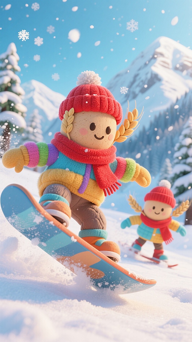 一个身着彩色冬装的麦粒在玩单板滑雪，夸张构图，仰视视角，滑雪板即将冲出屏幕，板底清晰可见，背景是白雪覆盖的山脉、雪林，天空飘雪，有一两个带着红帽，红围巾的麦粒在雪地嬉戏。（上面写小雪，雪花组成，不要框）