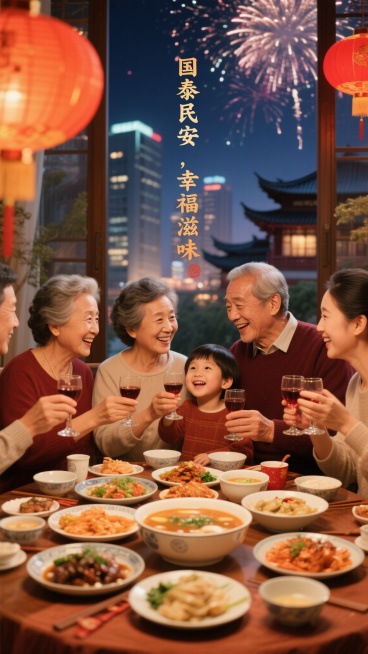 一个温馨的中国家庭，三代同堂，正围坐在一桌丰盛的家宴周围举杯庆祝，每个人脸上都洋溢着幸福的笑容。窗外是城市夜景和绚丽的烟花。餐桌上是琳琅满目的中式美食，正中是一碗象征团圆的汤羹。老人正在给小孩讲述故事预览效果