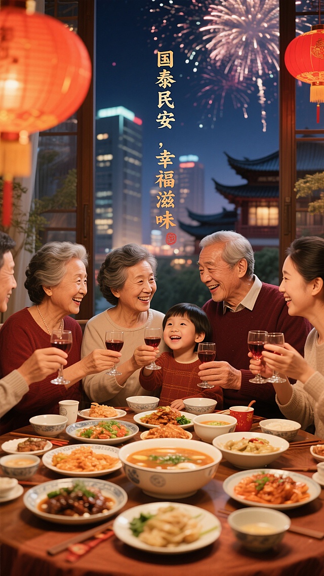 一个温馨的中国家庭，三代同堂，正围坐在一桌丰盛的家宴周围举杯庆祝，每个人脸上都洋溢着幸福的笑容。窗外是城市夜景和绚丽的烟花。餐桌上是琳琅满目的中式美食，正中是一碗象征团圆的汤羹。老人正在给小孩讲述故事。背景虚化处可以看到现代与中国传统结合的建筑轮廓。温馨写真风格，情感丰富，柔焦镜头，温暖色调。温暖的橙色调，食物色泽诱人，灯光温馨，中国红作为点缀色。氛围幸福、团圆、感恩、祥和，体现家庭美满。画面中的完整文案为“国泰民安，幸福滋味”