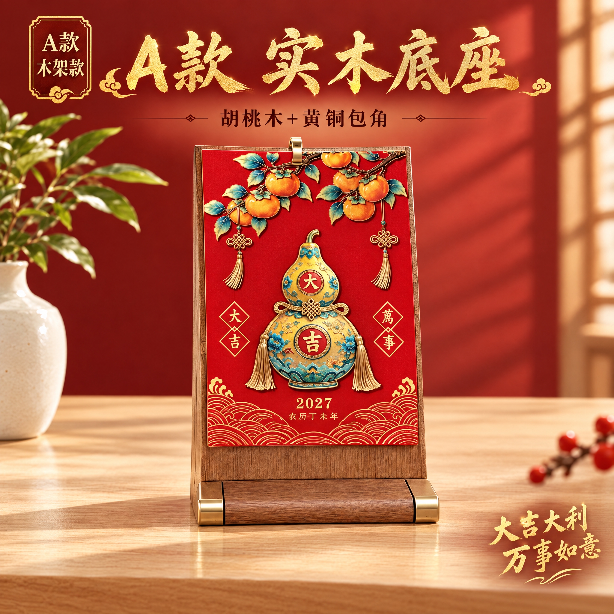 [主图-2] A款木架台历单图，葫芦大吉大利主题，展示A款木架… - 图片创意预览