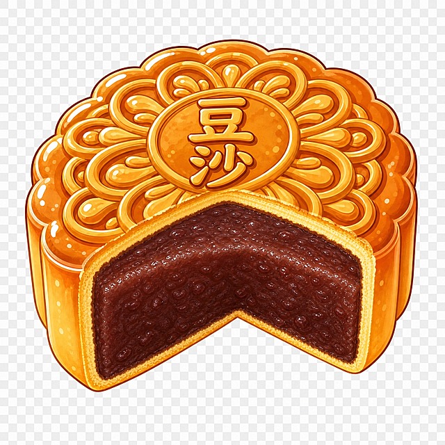 保持与参考图完全一致的卡通插画风格、月饼大小、四分之一切开角度、花纹样式和透明背景。将月饼改为豆沙口味：顶部花纹中央写有'豆沙'二字，切开处可见细腻绵密的深红褐色红豆沙馅料，豆沙质地细腻有光泽，能看到细微的红豆颗粒感，外皮金黄有光泽，Q版可爱风格，高清细节
