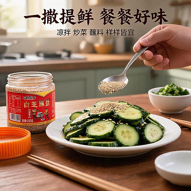 [主图-4] 场景与体验，展示白芝麻盐在家庭厨房中的实际使用场景，增强代入感。
[统一基调] 淘宝/天猫食品粮油风格，专业品质感，暖木色与米白为主色调，标题字色为暖金+深棕，辅助文字为深褐色，主标题用粗厚国风书法字体，辅助文字用清爽黑体，整体自然暖阳逆光质感。
[画面] 温馨中式家庭餐桌场景，自然光从窗户洒入。画面中央偏右是一碗刚出锅的白粥/馒头/凉拌菜（选凉拌黄瓜），旁边有一只手正拿着小勺往菜里撒白芝麻盐，动作自然真实。产品罐放在画面左侧，打开盖子，橙色盖子放在旁边，罐口可见芝麻盐，占画面约35%。桌面上还摆放着筷子、小碟、葱花等厨房元素，背景虚化可见厨房灶台和餐具，营造日常做饭的生活氛围。
[光影质感] 窗边自然柔光，整体明亮温暖，食物有新鲜诱人的光泽，罐身玻璃有环境反光，生活摄影真实感，不刻意摆拍。
[配色] 主色暖木色、米白色、食物的自然色彩，绿色蔬菜点缀，整体清新有食欲。
[文字版式] 画面上方主标题“一撒提鲜 餐餐好味”，书法字体深棕色。下方小字“凉拌 炒菜 蘸料 样样皆宜”，黑色细黑体，文字放在画面上方留白处，不遮挡食物和产品。
[输出要求] 1:1正方形比例，2K分辨率，场景真实自然，手部动作正常无畸形，产品外观与原图一致，禁止夸张特效、虚假宣传、医疗功效暗示。