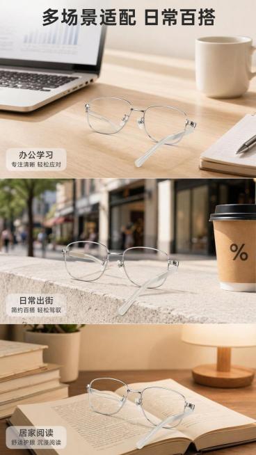 [第7屏] 多场景佩戴展示，展示本款眼镜适配多种日常场景。本屏使用【图1】产品图，分场景组合展示。
[氛围/风格] 生活化场景风，柔和温馨，真实自然
[元素布局] 画面分三格场景拼图，从上到下分别为办预览效果
