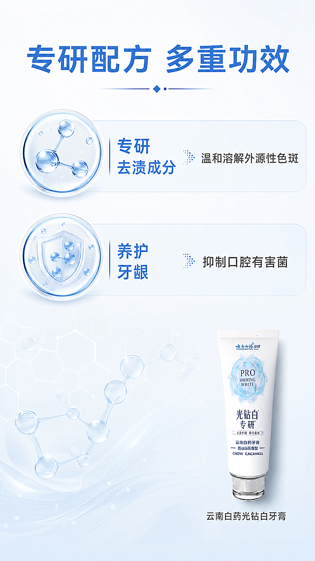 [第3屏] 成分功效专研屏-云南白药光钻白牙膏。
[氛围/风格] 专业科研质感，干净通透，浅蓝色调简约高级。
[元素布局] 画面顶部大字号展示核心概念，中部双行网格布局展示两大核心成分：第一行「专研去渍成分 → 温和溶解外源性色斑」，第二行「养护牙龈 → 抑制口腔有害菌」，每个成分项搭配圆形小分子3D图标。画面中下部搭配淡淡的分子结构线稿装饰，右下角放置云南白药光钻白牙膏完整小图，保持产品外观与输入图一致，占比不超过20%。背景为浅色渐变，整体信息层级清晰不拥挤。
[光影质感] 均匀柔和布光，文字和图标清晰突出，产品小图光影自然，无强烈明暗对比，专业沉稳。
[配色色系] 全局底色：#F8FCFF；主色：#4A90E2（蓝色）+ #333333（深灰文字）；辅助色：#E8F4FD（浅蓝区块）。
[视角构图] 信息满屏构图，从上至下：标题→成分网格→产品小图，纵向排版，信息层级清晰，适合手机逐行阅读。
[文字版式] 顶部主标题「专研配方 多重功效」，蓝色加粗大字号；成分网格每个项目采用左成分名右功效短句，字体清晰，行间距适中；右下角产品标注「云南白药光钻白牙膏」小字说明，所有文字手机端清晰可读。
[比例分辨率] 9:16竖版比例，4K分辨率，超高清。
[负向提示词] 虚假医疗宣传，绝对化用词，成分信息错误，包装变形，颜色偏差，文字模糊，排版杂乱