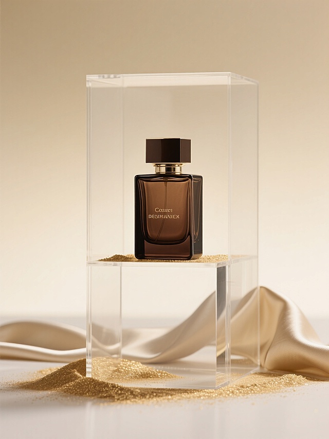 奢华感与优雅感交织，3D风玻璃展盒搭配金属质感瓶身，鎏金细沙与柔光丝缎烘托现代清透氛围，光影流动间尽显时尚格调。