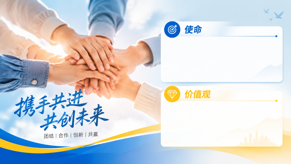 横版团队介绍海报，主色调轻快明亮，主视觉是多只手握在一起，画面中添加文字区域，分别标注文字“使命”和“价值观”，整体风格积极团结，简约大气预览效果