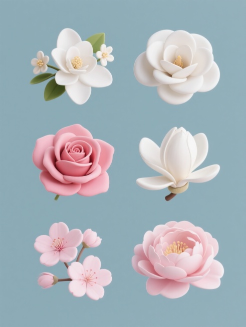 规整排布的六张花卉素材，每张素材为单一花朵造型图案，分别包含栀子花、桂花、玫瑰花、白玉兰、樱花、芍药元素。整体造型简约现代，纯色背景，软3D风格。花朵具有柔和的立体感，花瓣层次分明，边缘圆润，色彩纯净预览效果