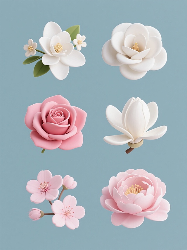 六张规整排布的花卉素材，每张素材为单一花朵造型图案，分别包含栀子花、桂花、玫瑰花、白玉兰、樱花、芍药元素。整体造型简约现代，采用纯色背景，软3D风格。花朵具有柔和的立体感，花瓣层次分明，边缘圆润，色彩纯净。栀子花洁白素雅，花瓣层层叠叠；桂花小巧精致，簇拥绽放；玫瑰花娇艳饱满，花型优美；白玉兰高雅大方，花瓣舒展；樱花粉嫩可爱，花蕊清晰；芍药雍容华贵，花瓣丰盈。每张素材构图简洁，突出花朵主体，视觉效果