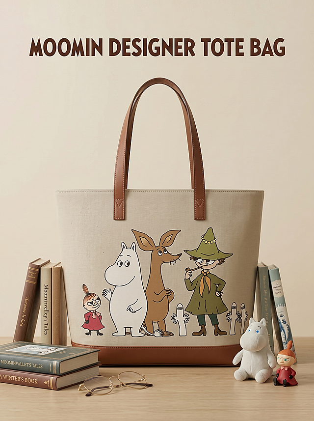 在海报上方居中增加英文文字"MOOMIN DESIGNER TOTE BAG"，字体风格简约高级，颜色为深棕色，不改变原图的手袋图案、搭配元素、风格质感、色调和排版，保持现有米色帆布设计师手袋，搭配书籍、眼镜、姆明小玩偶的北欧精致风格