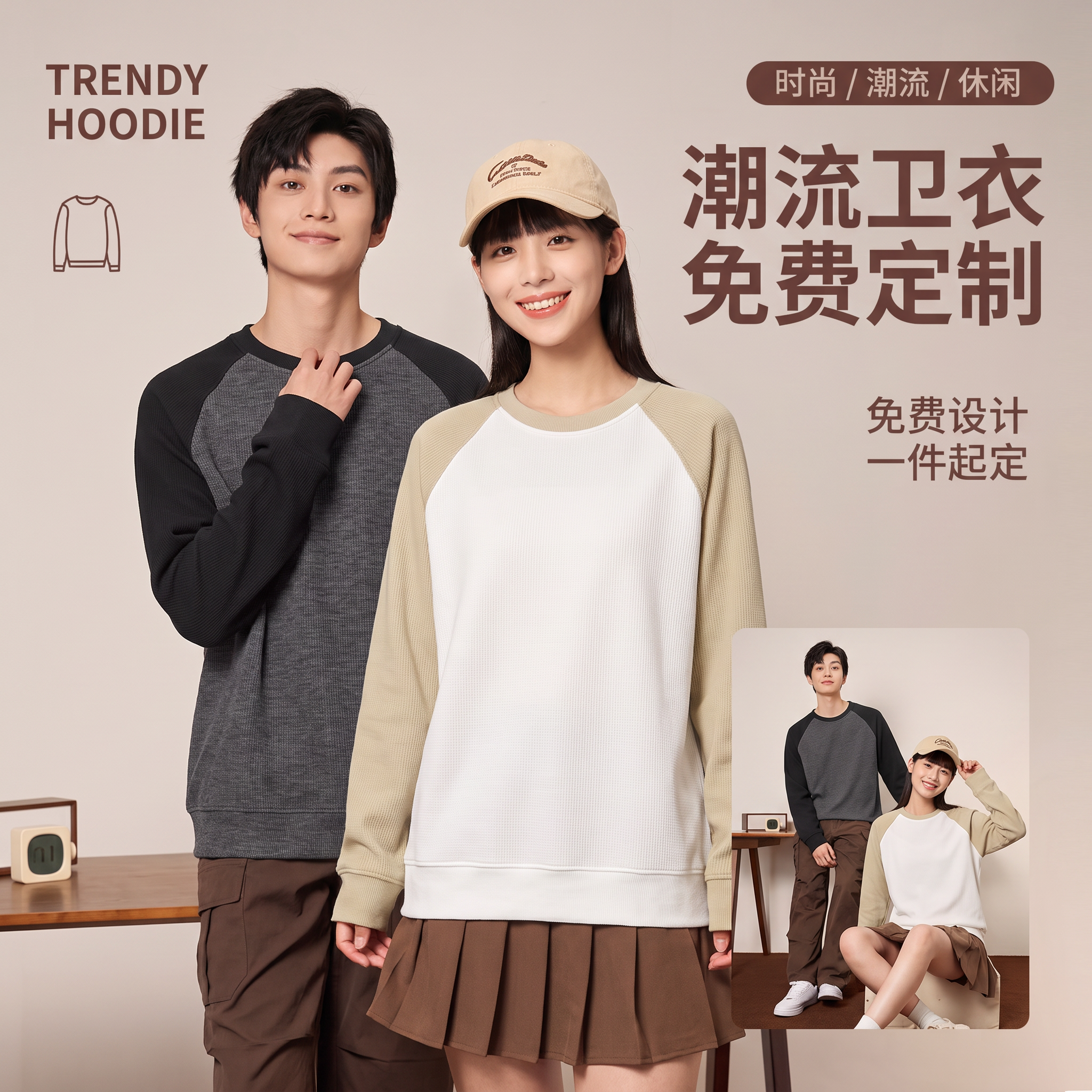 请将参考图2的【女款插肩袖圆领卫衣】与参考图3的【男款插肩袖圆… - 图片创意预览