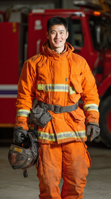 生成了一张30多岁中国男性消防员的正面肖像，他身穿带有反光条的崭新橙色全套消防防护服，左手腋下夹着头盔，表情坚定且面带微笑，面部和衣服干净无烟灰痕迹，站在消防站车库内，身后隐约可见红色消防车，采用戏剧预览效果