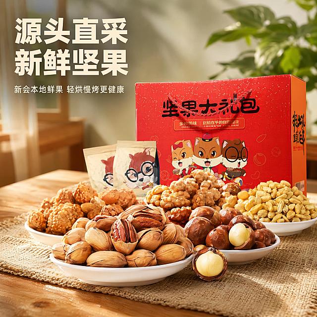 [主图-1] 坚果礼盒大礼包首图，展示产品全貌，场景温暖有食欲
[氛围风格] 温馨餐桌场景，自然清新，高级食品电商质感
[画质] 商业摄影质感、光线柔和通透、产品清晰真实、画面干净高级
[元素] 坚果礼盒和盛放在白盘里的混合坚果居中摆放，礼盒完整露出，坚果颗粒饱满，一颗开口夏威夷果放在前景增加层次，背景是浅木色餐桌搭配亚麻餐垫，营造居家温馨氛围，保持坚果和礼盒外观、物理结构、材质质感、颜色与输入产品图绝对一致，杜绝任何变形和色差，精细化处理，商品主体占比严格控制在70%左右，画面满屏无边框
[光影] 自然暖阳逆光从侧后方射入，突出坚果酥脆纹理和油润光泽，光线柔和通透，高光不溢，暗部有层次
[配色] 主色调为原木暖棕色，搭配礼盒正红色，整体暖调和谐有食欲
[视角构图] 平视45°斜拍，景深中等，产品轮廓完整不裁切
[文字版式] 左上负空间左对齐留安全边距，大字粗体文案“源头直采 新鲜坚果”，米白色最大号粗体无衬线；辅助小字“新会本地鲜果 轻烘慢烤更健康”约半高，同色系浅一点，文字不遮挡主体
[比例分辨率] 1:1 比例，2048px分辨率，文字清晰锐利，超高清
[负向提示词] 变形，文字错乱，产品图模糊，背景杂乱，水印，电商平台Logo，绝对化违禁词
