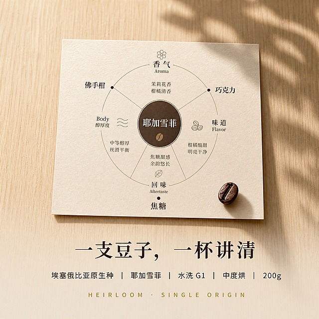 800×800 淘宝天猫电商主图，高端卡片+实拍混合风格，1:1正方形构图。主体：一张浅米色纹理卡纸平放在原木桌面上，卡纸上是极简风味轮设计——中心深咖色圆形写"耶加雪菲"字样配一个咖啡豆小图标，外圈用细线分支标注香气、味道、回味、Body四个维度，重点风味词用深咖色标注：佛手柑、巧克力、焦糖，整体像精品咖啡馆参数卡。卡纸右下角压着一颗真实的深褐色烘焙咖啡豆，有清晰柔和的小投影。背景：浅米色原木桌面，木纹细腻垂直，右侧有柔和的植物叶影斑驳，和首图背景风格一致。光线：自然窗光从左上轻扫卡纸，卡纸边缘有柔和阴影，整体明亮通透。卡片下方留白区域放置三行居中对齐文案：第一行主文案思源宋体深咖色大字"一支豆子，一杯讲清"，第二行数据条思源黑体深咖色，像精品咖啡馆参数卡样式"埃塞俄比亚原生种 ｜ 耶加雪菲 ｜ 水洗 G1 ｜ 中度烘 ｜ 200g"，第三行英文小字宽字距暖金色"HEIRLOOM · SINGLE ORIGIN"。整体风格高端精品咖啡质感，50mm定焦 f/2.8，真实自然光，质感细腻，留白克制。禁止大红大紫促销色、塑料感、元素悬浮、过度对称死板、变形、错字、模糊、水印、平台Logo。