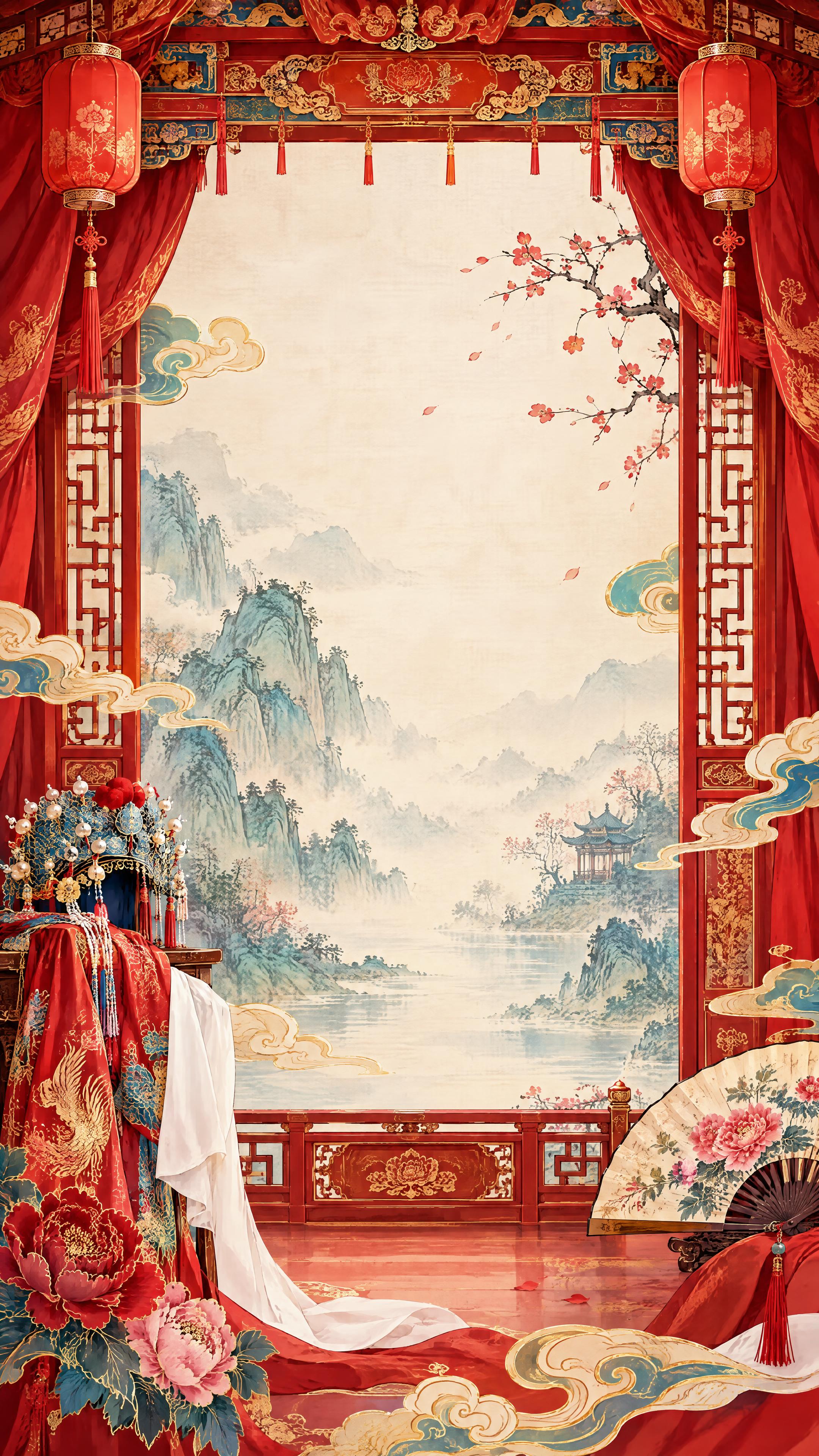 黄梅戏主题竖版背景UI图，参考图中黄梅戏演员的传统戏曲服饰风格… - 图片创意预览