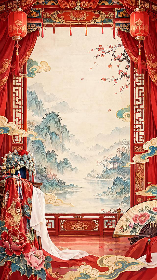 黄梅戏主题竖版背景UI图，参考图中黄梅戏演员的传统戏曲服饰风格与舞台氛围，画面以中国传统戏曲元素为核心，包含红色雕花戏台、垂坠的红色宫灯、祥云纹样、古典窗格、水墨山水意境背景，融入黄梅戏经典元素如水袖、凤冠霞帔纹样、折扇、牡丹花纹饰，整体色调以中国红、金色、黛青、米白为主，浓郁的东方古典美学风格，精致细腻的UI背景设计，画面上下留有排版空间，适合作为长图背景使用，高清细节，国风质感