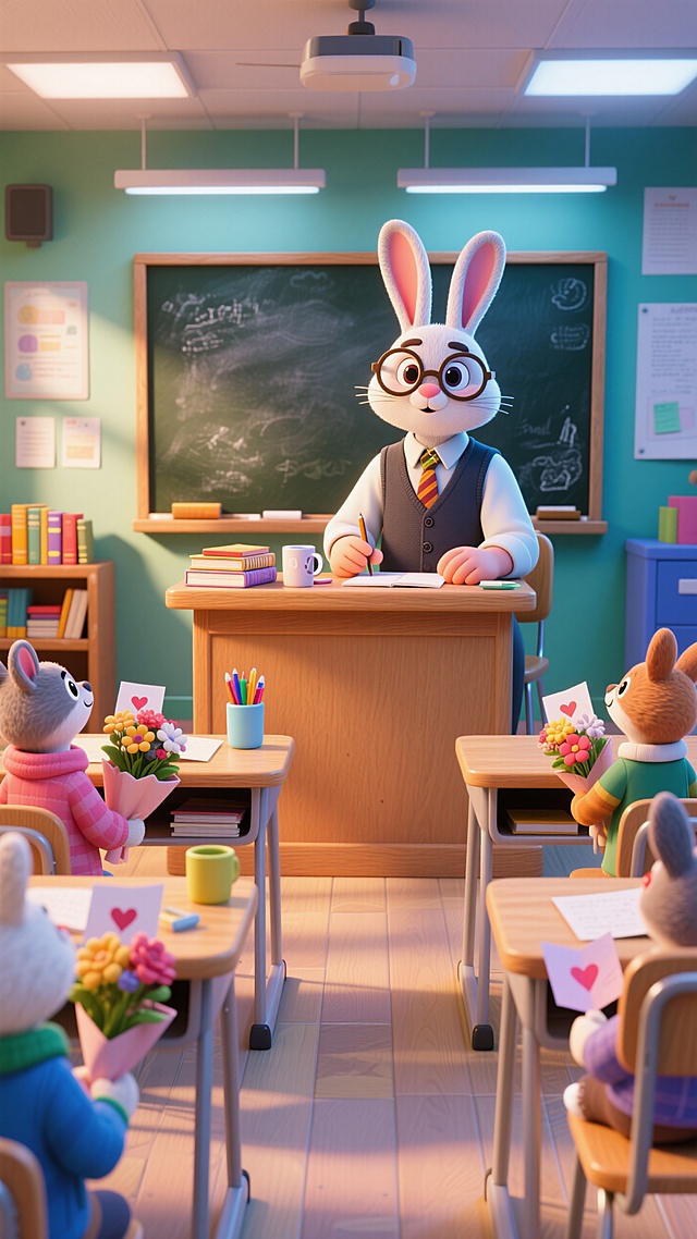 以兔子老师为主角，它戴圆框眼镜，穿衬衫+背心+领带，坐在教室讲台桌前，桌上有书本、杯子、文具。讲台后是黑板。前方是几只穿不同衣服的小动物学生，手捧鲜花和贺卡。温馨课堂氛围。