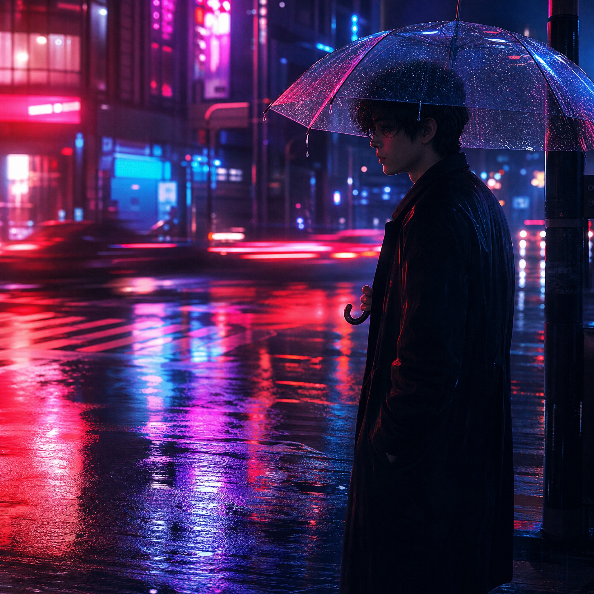 歌曲封面设计，夜晚雨夜街道场景，一位男歌手撑着透明雨伞站在霓虹… - 图片创意预览