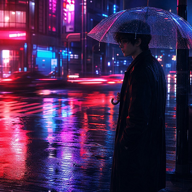 歌曲封面设计，夜晚雨夜街道场景，一位男歌手撑着透明雨伞站在霓虹闪烁的街道拐角，雨水顺着伞沿滴落，地面反射着红蓝紫的霓虹灯光，形成斑斓的水洼倒影，背景是模糊的店铺招牌和来往车辆的光轨，赛博朋克与忧郁结合的氛围，孤独而浪漫的情绪，高对比度光影，无任何文字，正方形构图，电影感