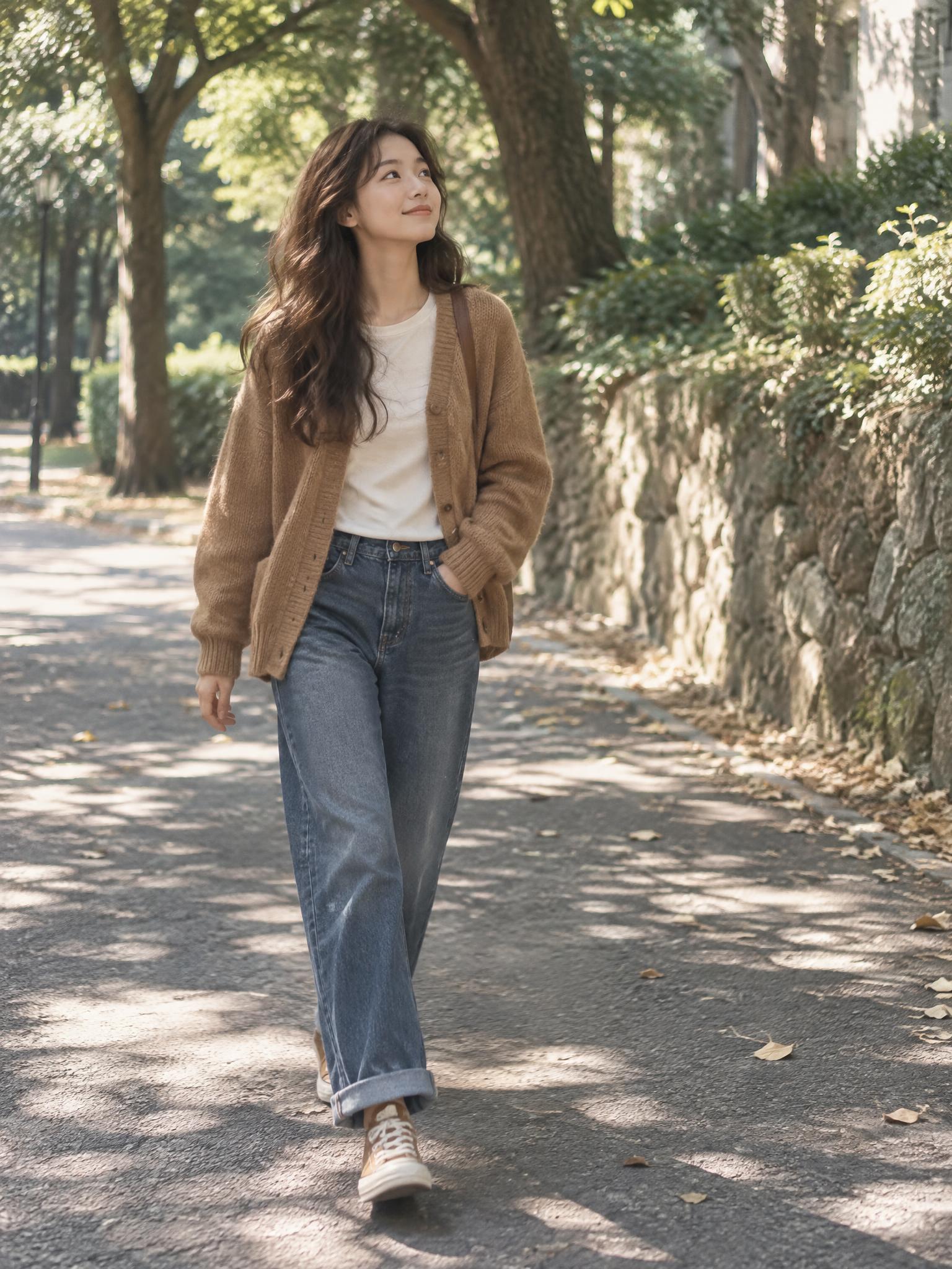 写实胶片质感的户外人像摄影。主体：年轻东亚女生，中长发，深棕色… - 图片创意预览